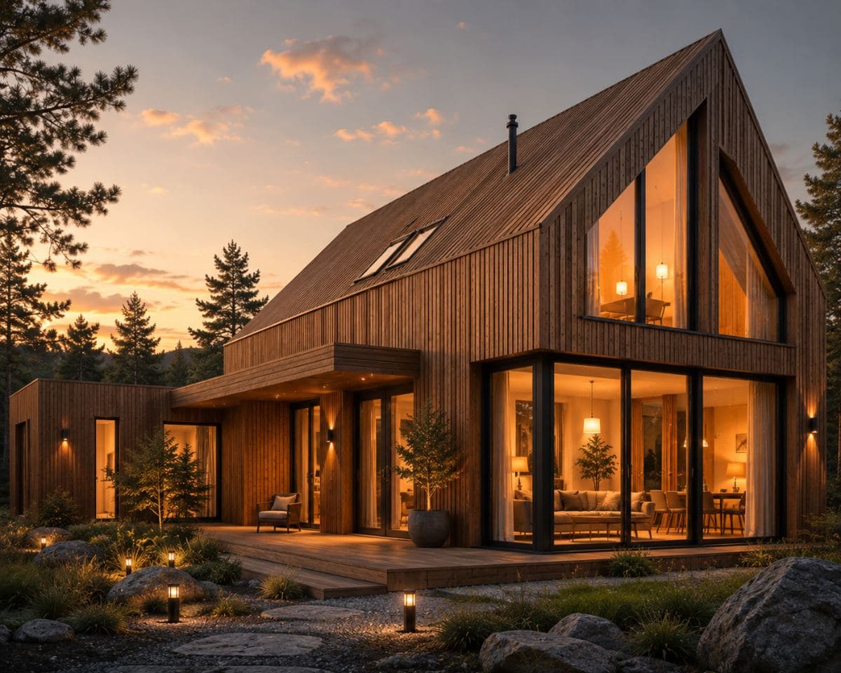 Модерна дрвена куќа · ThermoWood фасада · зајдисонце