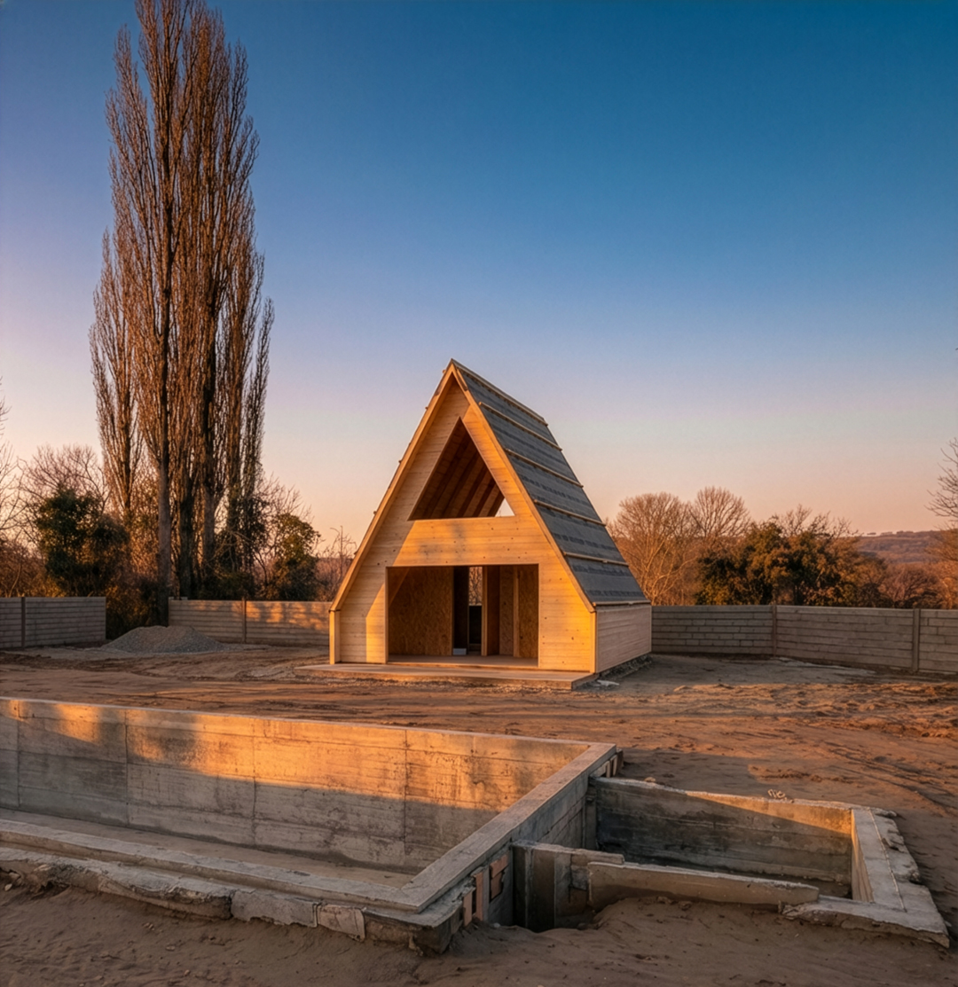 A-frame wooden house under construction